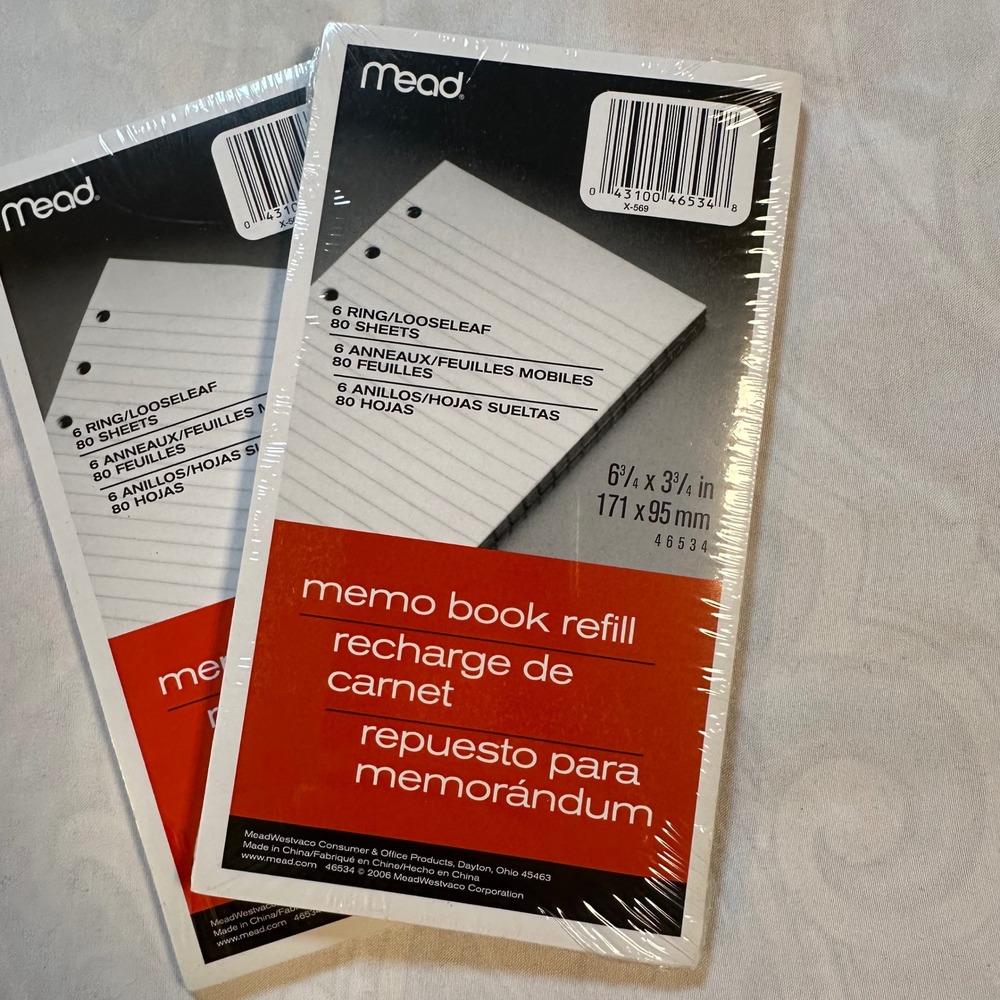 Mead 6 Ring Looseleaf Memo Book Refill 80 Sheets White Ruled 46534 2 Pack